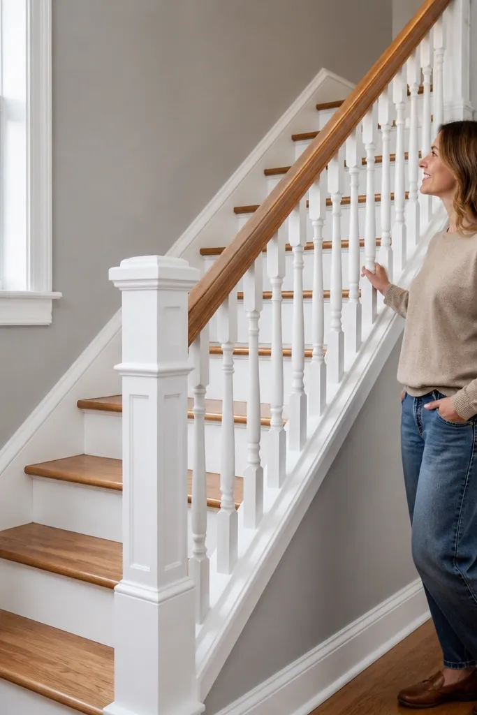 Wood handrail with painted posts and simple balusters
