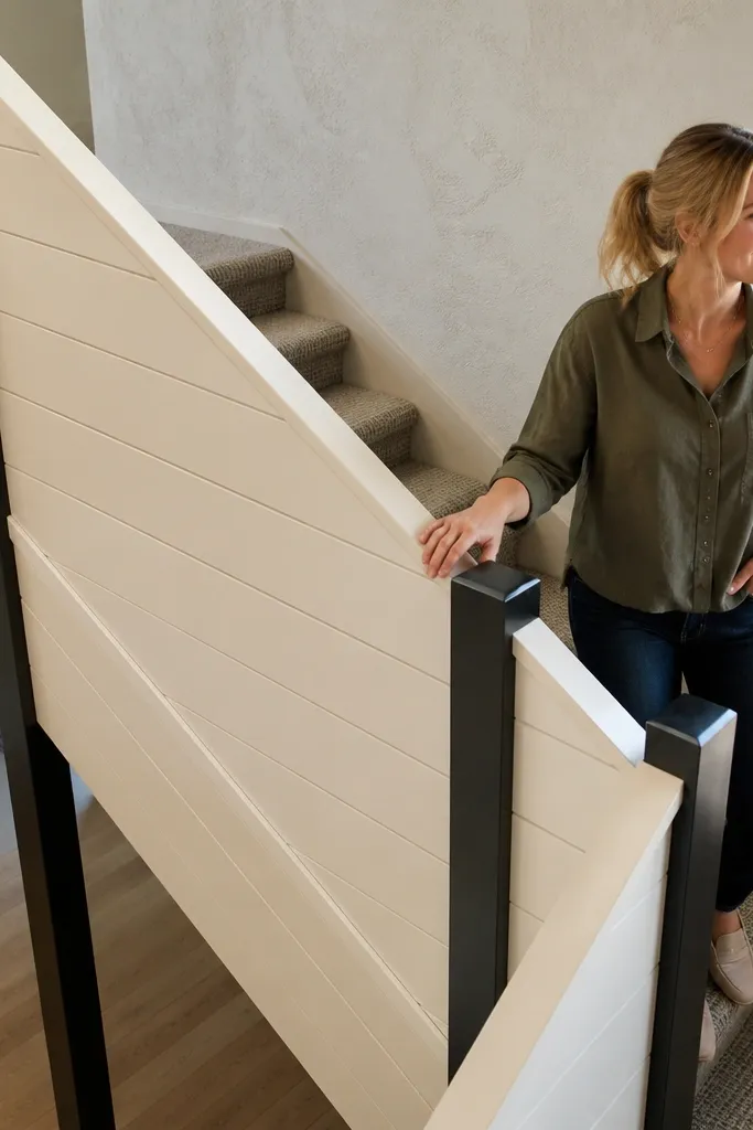 Farmhouse railing with horizontal panel pattern and black uprights