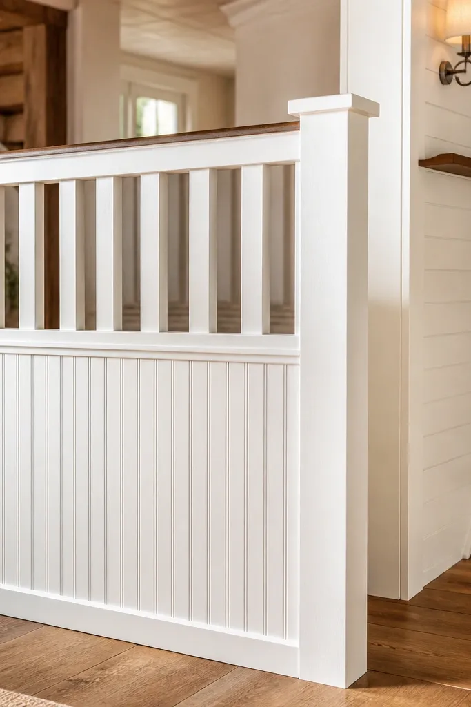 Vertical boards with beadboard panel below and smooth handrail