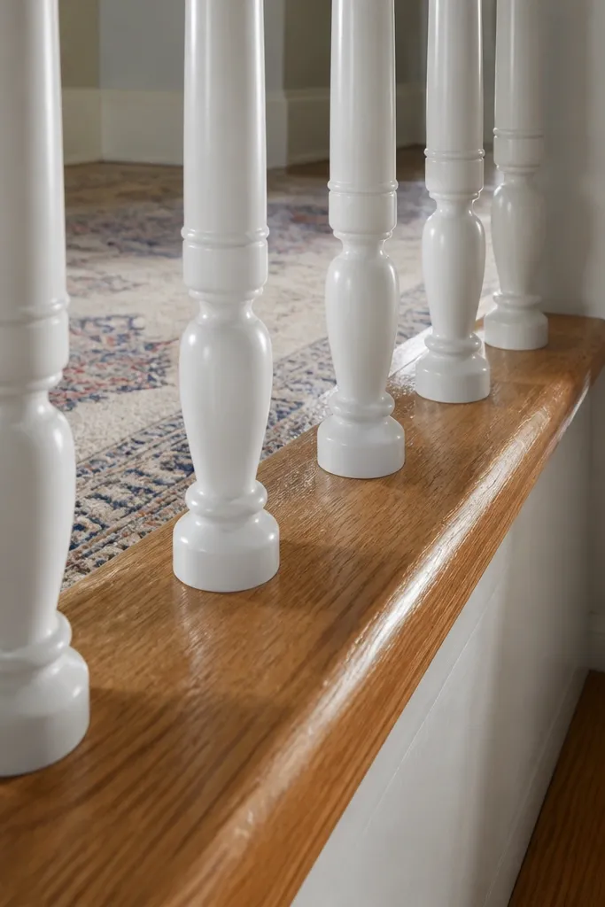 White rounded balusters with clear-sealed wooden base rail