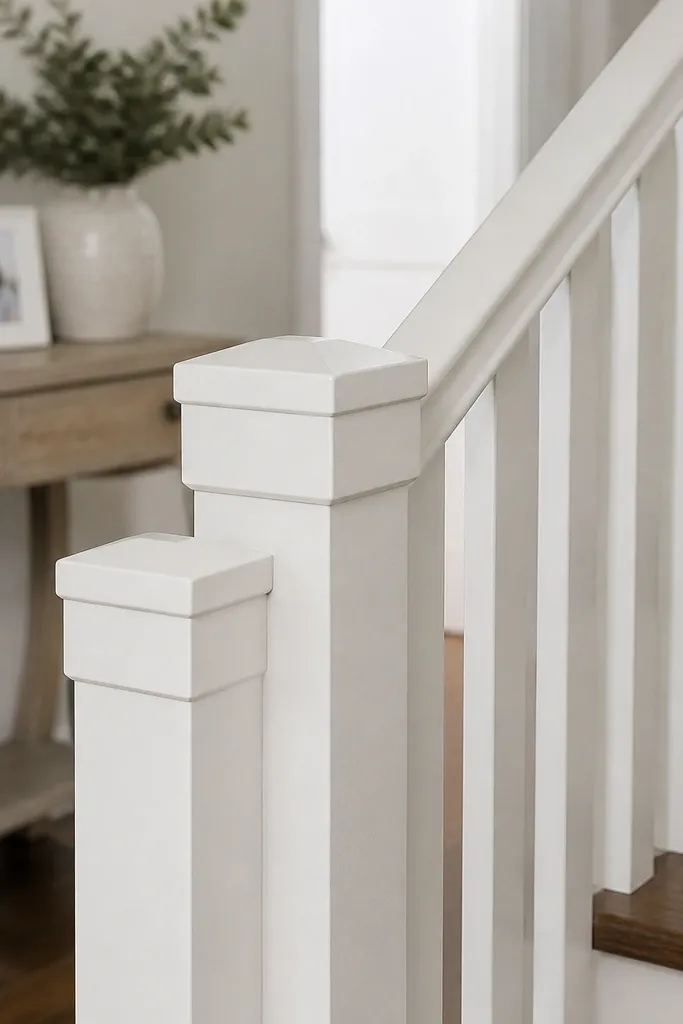 Shaker style painted railing with square posts and simple balusters