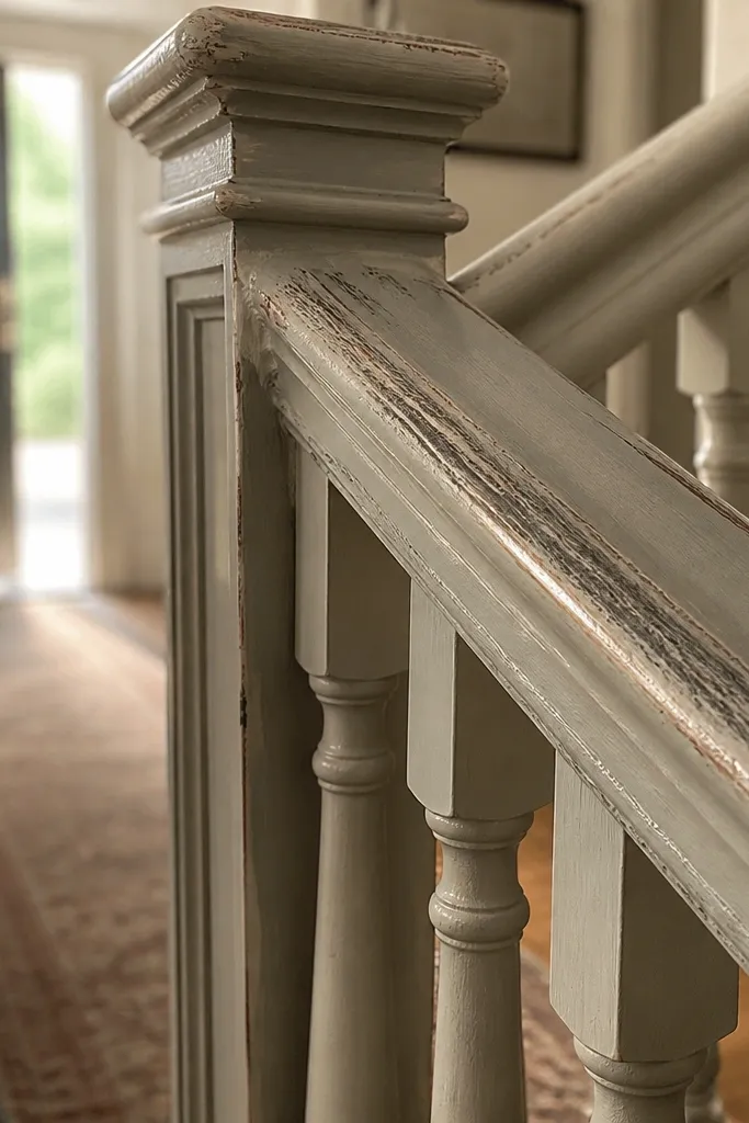 Farmhouse distressed white railing with smooth sealed finish