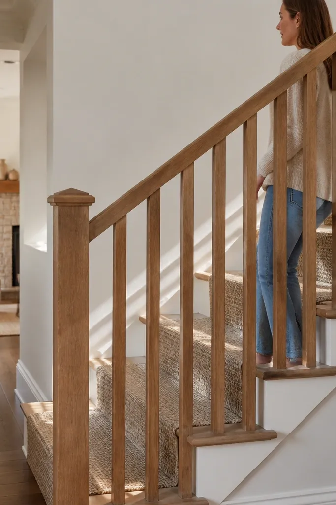 Wood slat railing with wide gaps and sealed handrail
