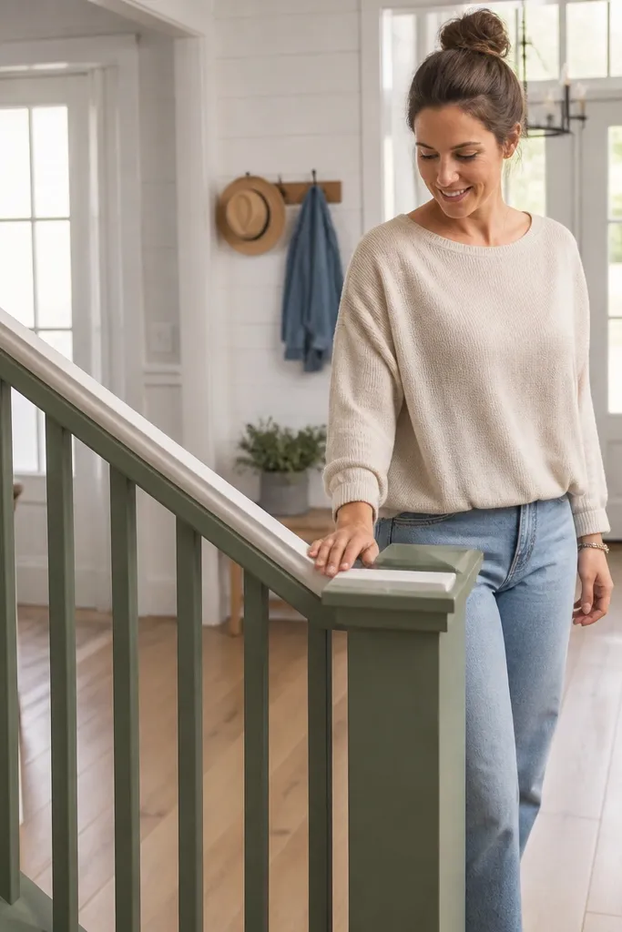 Green farmhouse railing with white trim and simple balusters