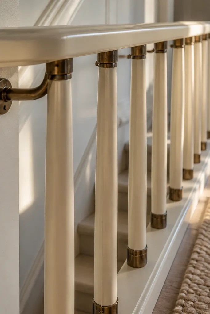 Cream railing with rounded spindles and dark bronze hardware