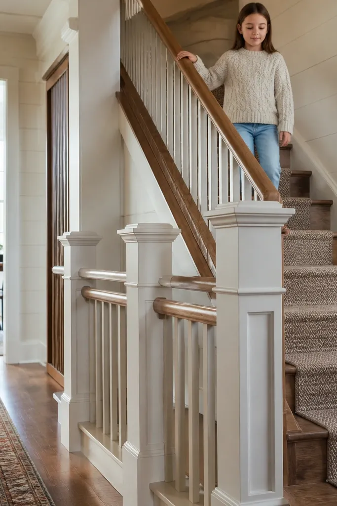 Handrail with two-level top profile and farmhouse posts