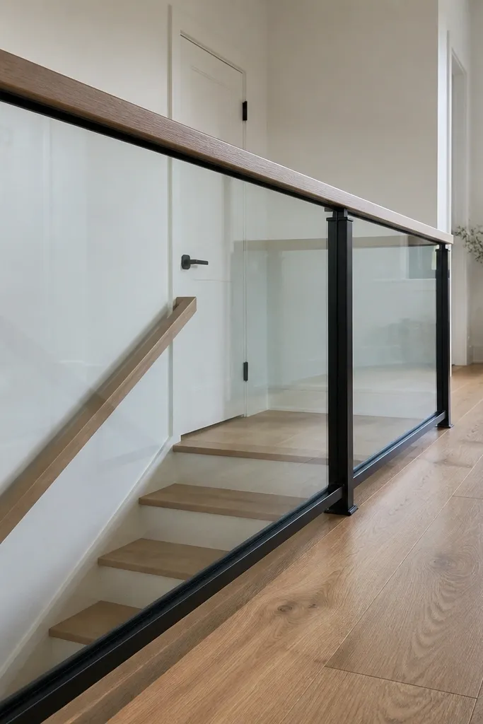 Clear glass panel railing with black frame and wood handrail