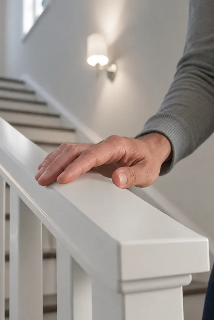 Matte white railing with smooth handrail edge and simple spindles