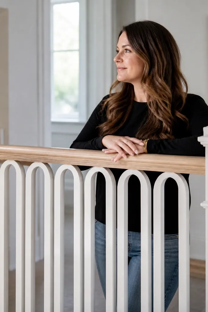 Painted railing with arched baluster tops and smooth handrail