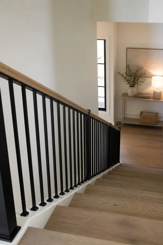 Black straight-bar railing with wood handrail cap