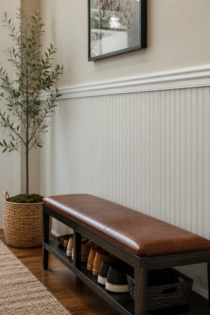 White beadboard wainscoting with a single chair rail and matching trim