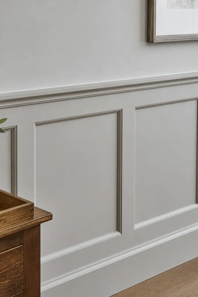 White entry wainscoting with a chair rail and smooth lower skirt trim