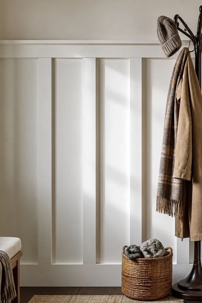 White board-and-batten wainscoting with wide vertical battens and a top rail