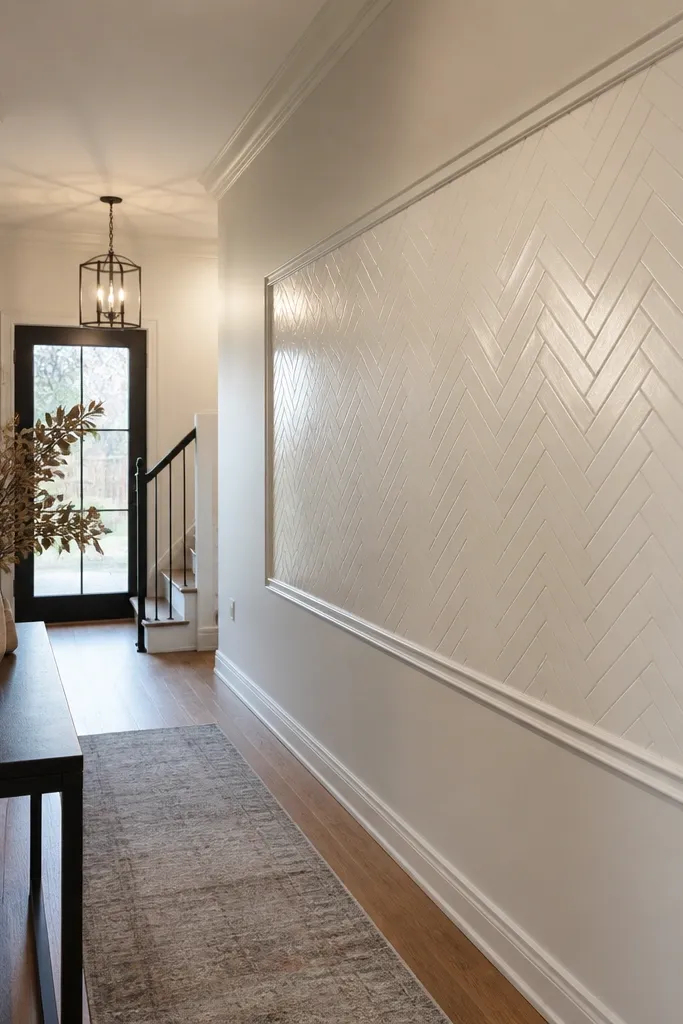White herringbone wainscoting band with a clean border rail