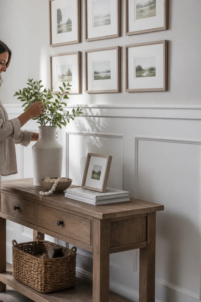 White picture-frame wainscoting with mitered trim corners