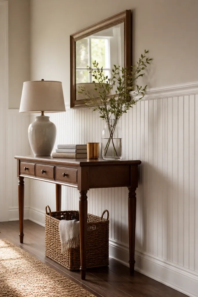 White beadboard wainscoting with a small crown cap at the top