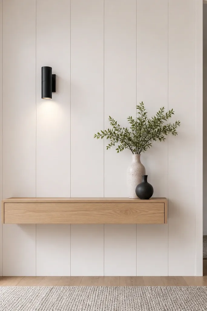 White modern vertical panel wainscoting with smooth seams and minimal trim lines
