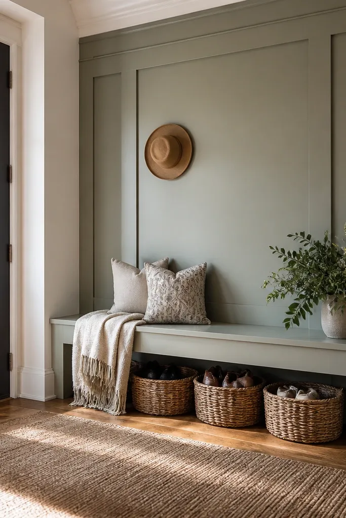 White wainscoting paneling that frames a bench area with a clean top rail
