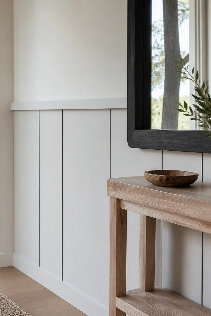 White wainscoting with flat panels and a thin shadow gap line between trim