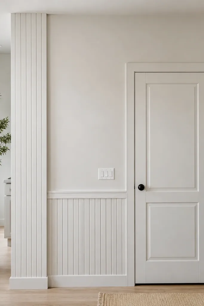 White wainscoting with vertical beadboard only on corners and flat panels in the middle