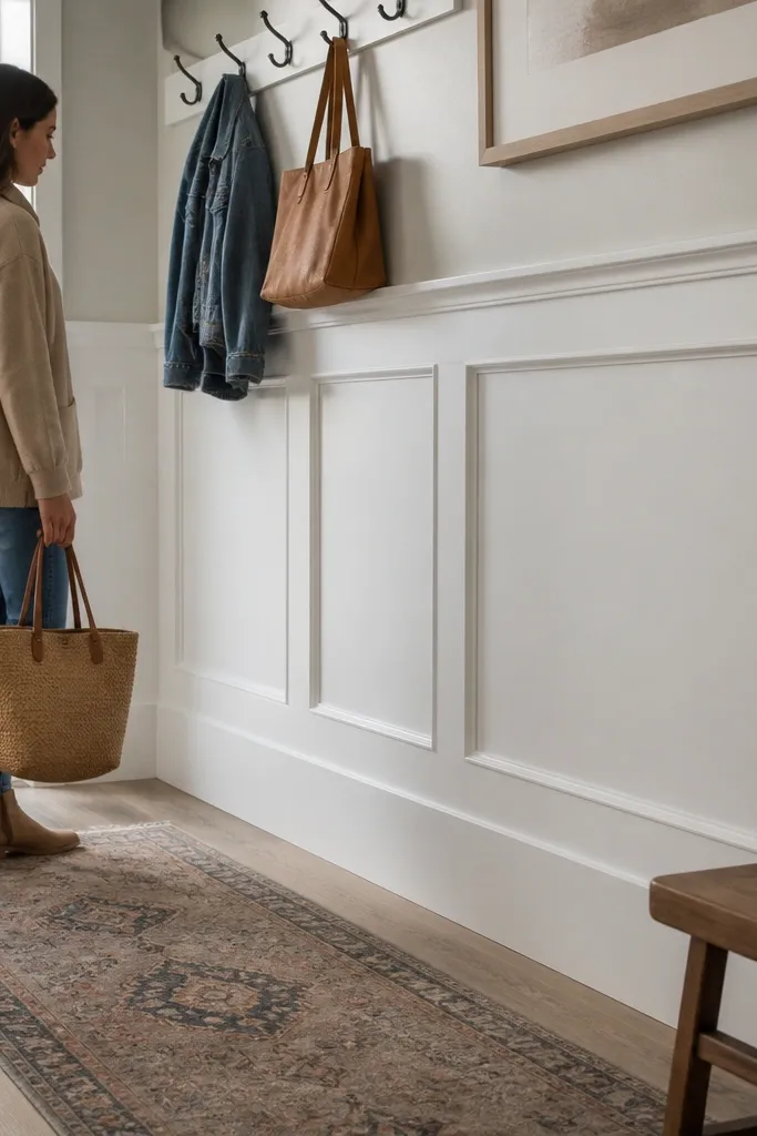 White wainscoting with simple panel molding and one continuous bottom rail