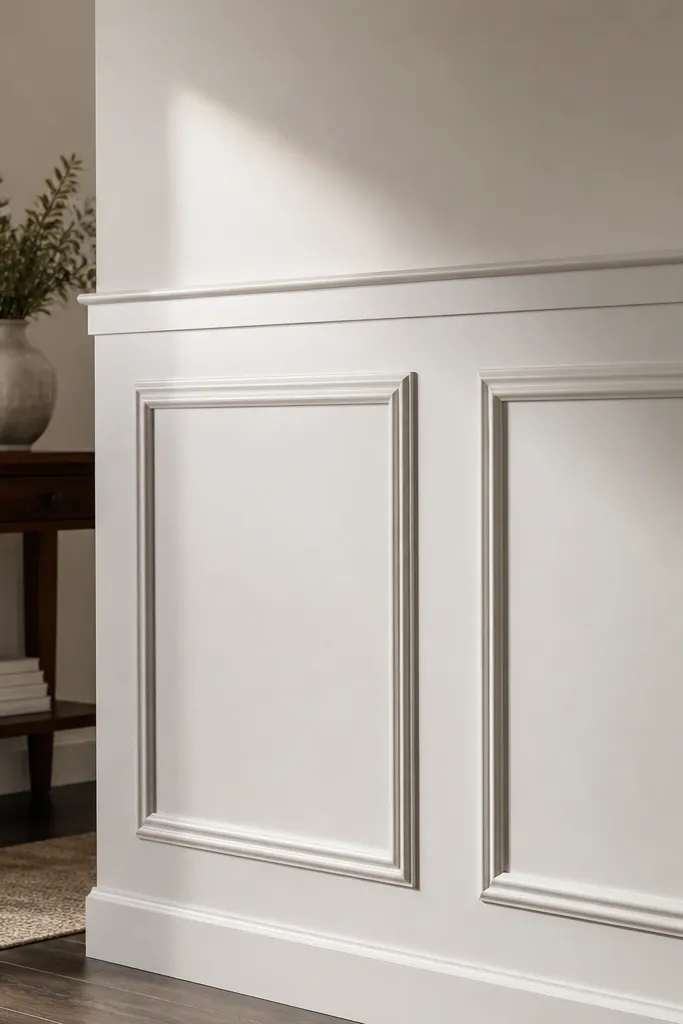 White wainscoting with raised slab-like panel look in a rectangular grid