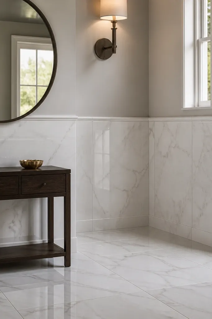 Entryway wall with marble-look tile panels and a slim chair rail