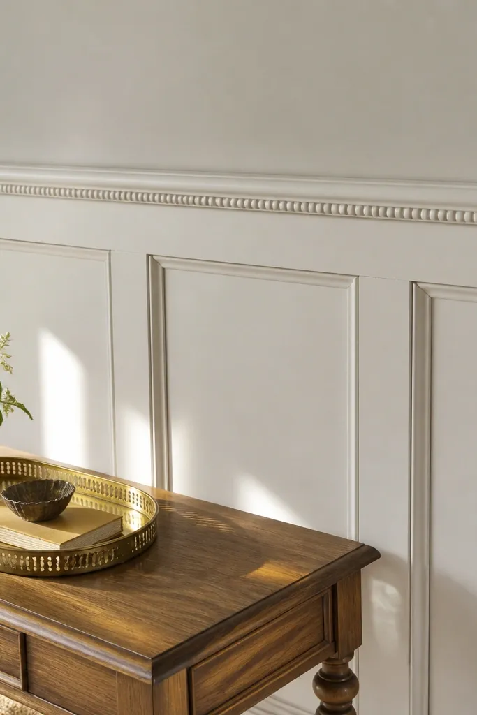 Raised panels with a beaded cap strip running across the entryway