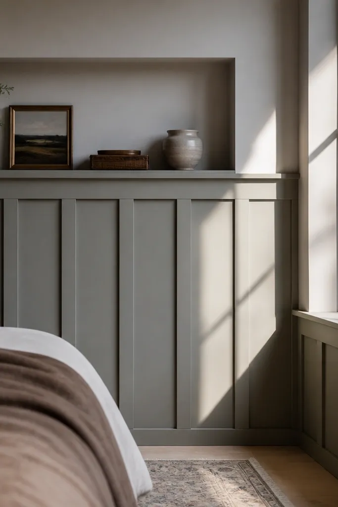 Board-and-batten wainscoting with a built-in recessed shelf above
