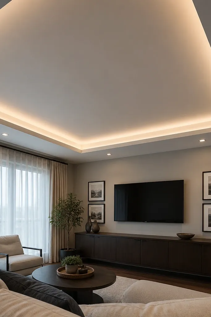 Square tray ceiling with warm LED glow around the center, light gray paint