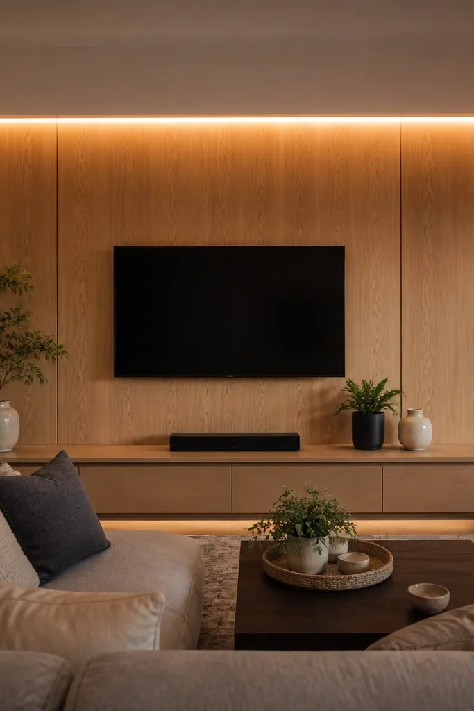 Low drop ceiling strip above TV wall with a thin warm LED line