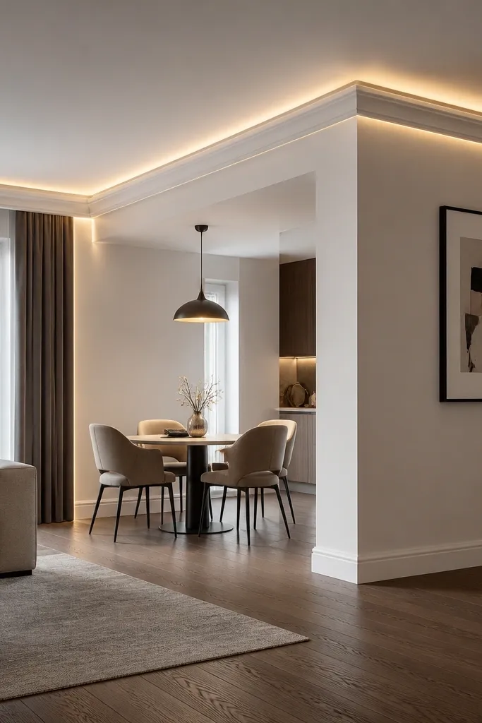 Two-level border around ceiling with warm light glowing at each corner