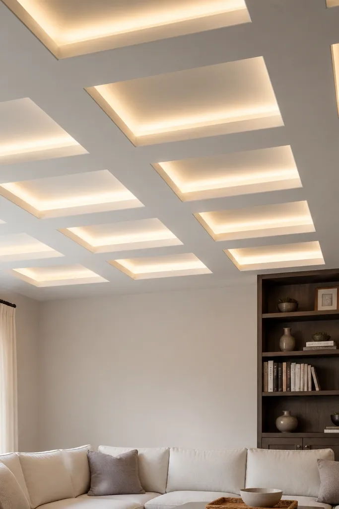 Ceiling with a grid of recessed square pockets and warm recessed glow
