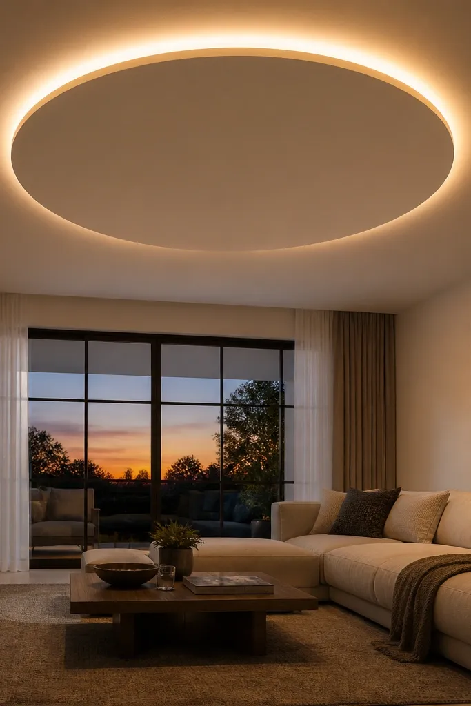 Round ceiling medallion drop with a thin warm LED ring