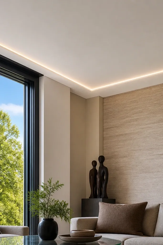 Minimal thin border around ceiling with a narrow warm LED line