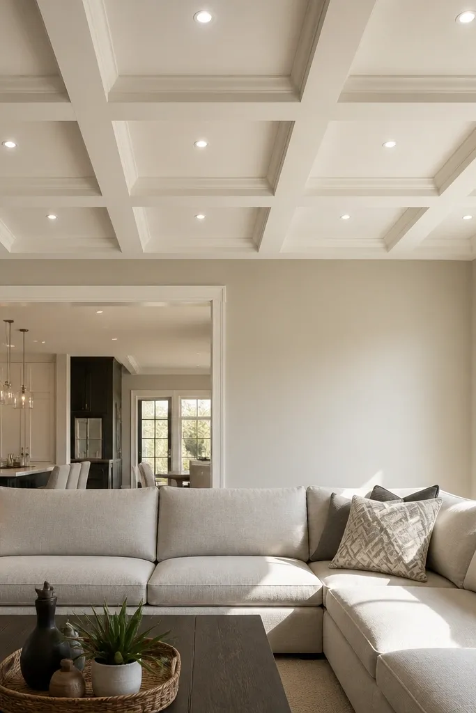 Coffered ceiling with recessed square panels and small warm downlights