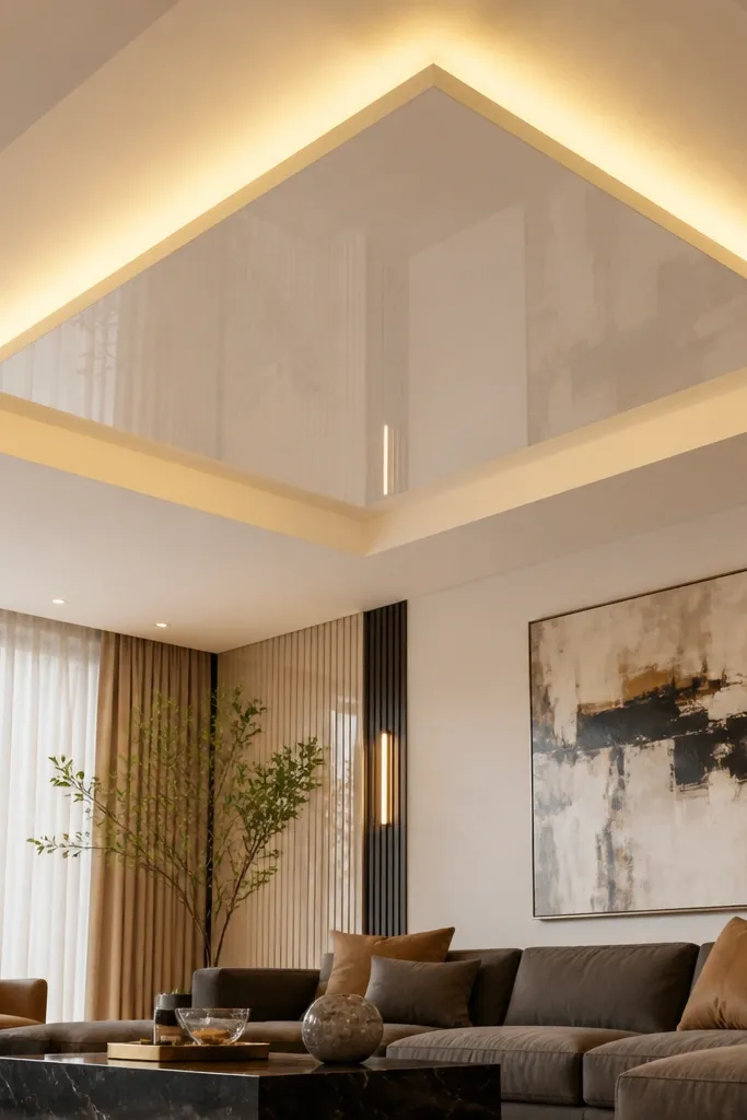 Matte white ceiling with one centered glossy accent panel and warm LED