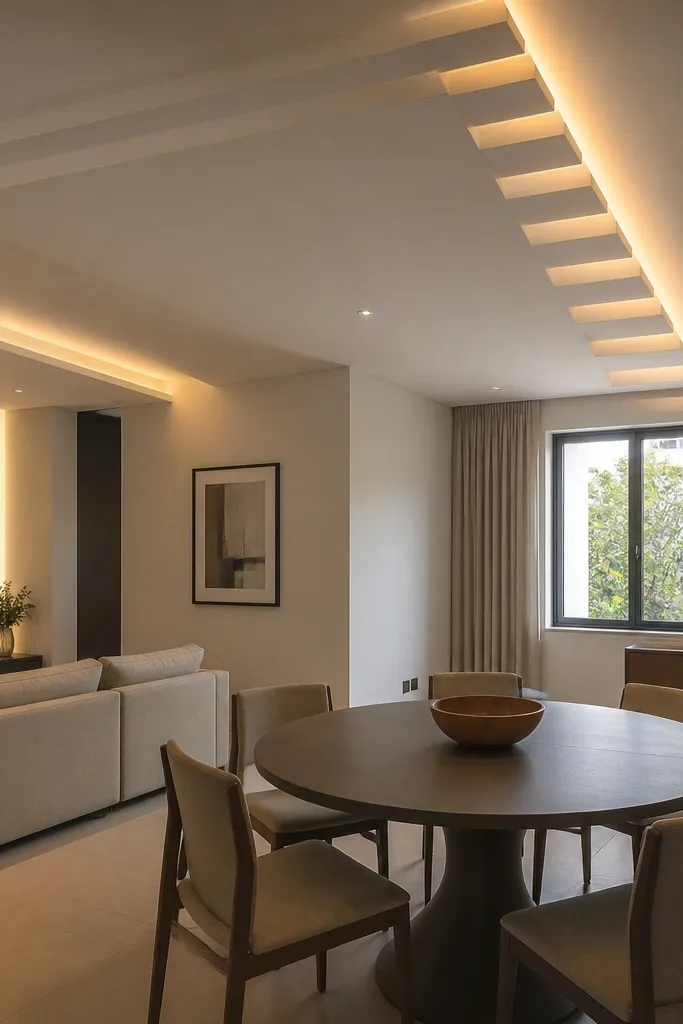 Staggered ceiling steps with warm LED glow along one side