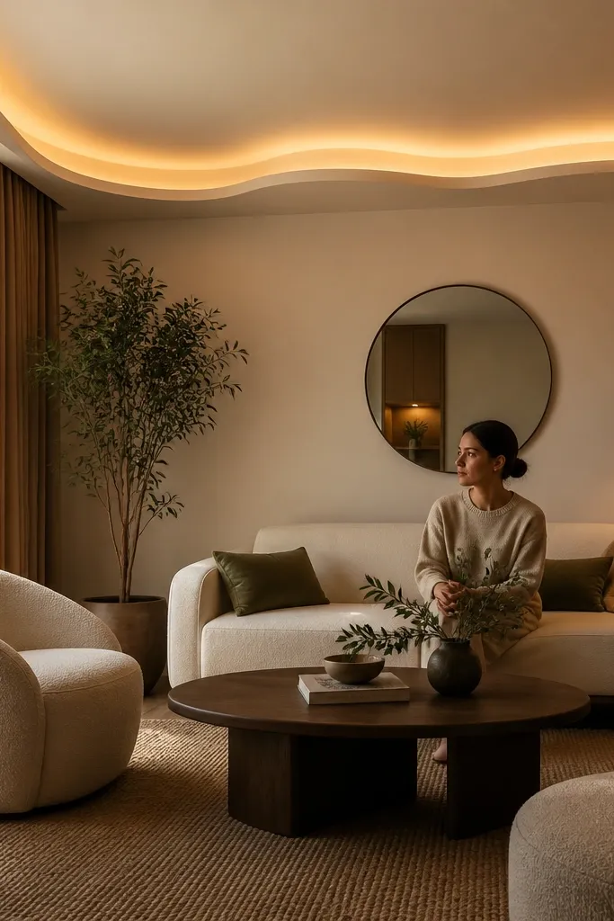 Soft wave border around ceiling with warm hidden LED glow
