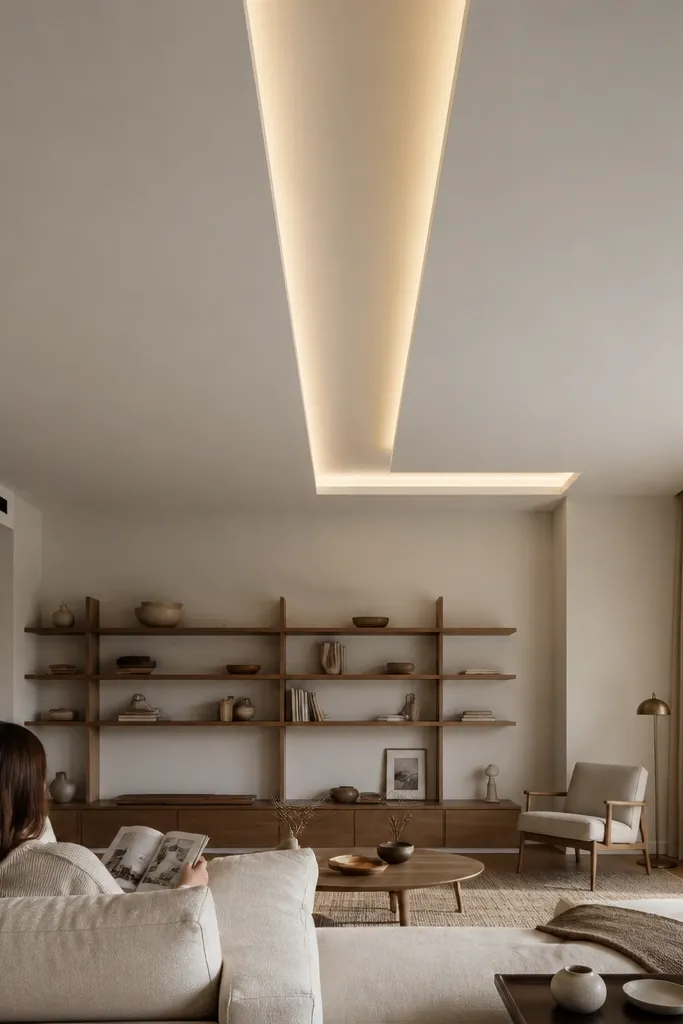 Asymmetric ceiling drop with a centered rectangular light well and warm glow