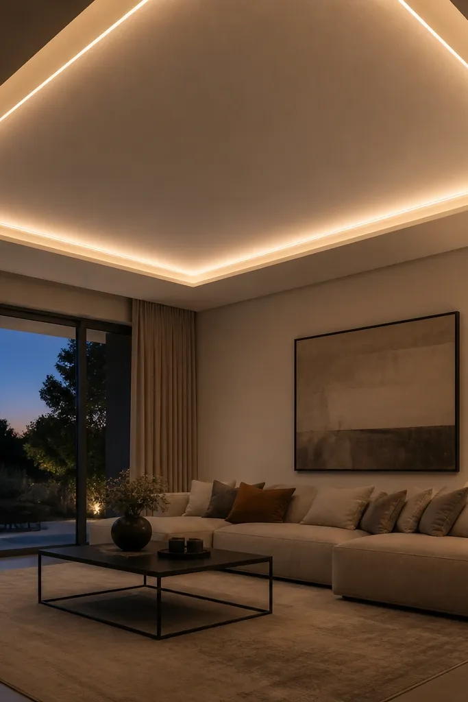 Ceiling with a suspended center panel effect and warm perimeter glow