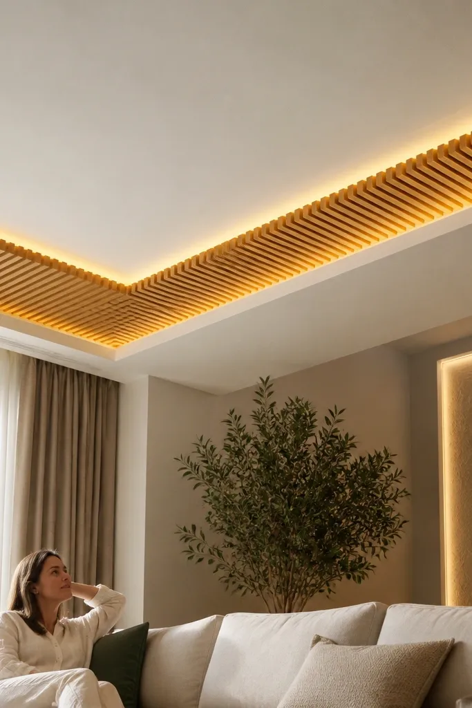 Matte white ceiling with a border of wood-look slats and warm LED behind