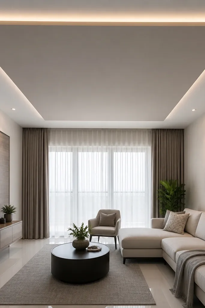 Two-tone matte ceiling with a darker center rectangle and warm LED edge