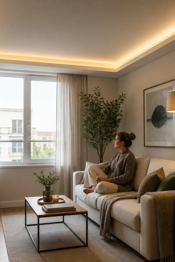 Low ceiling drop only around seating area with concealed LED glow