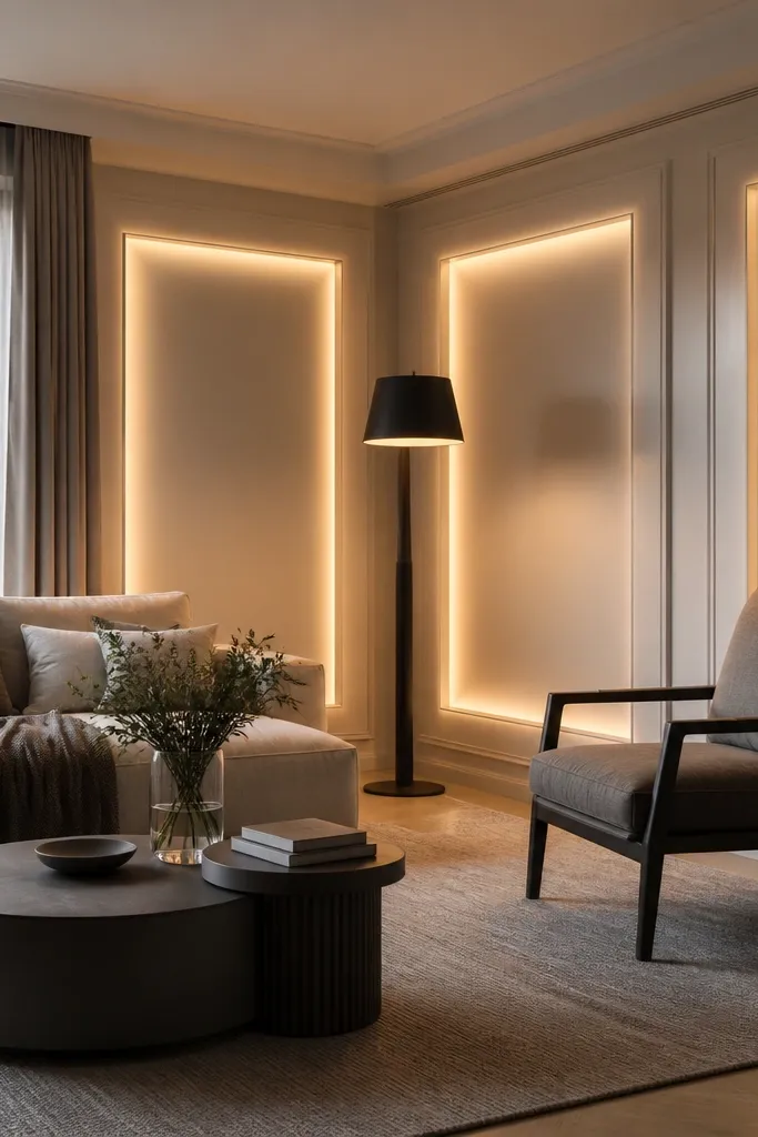 Two corner ceiling recess panels with warm backlit edges