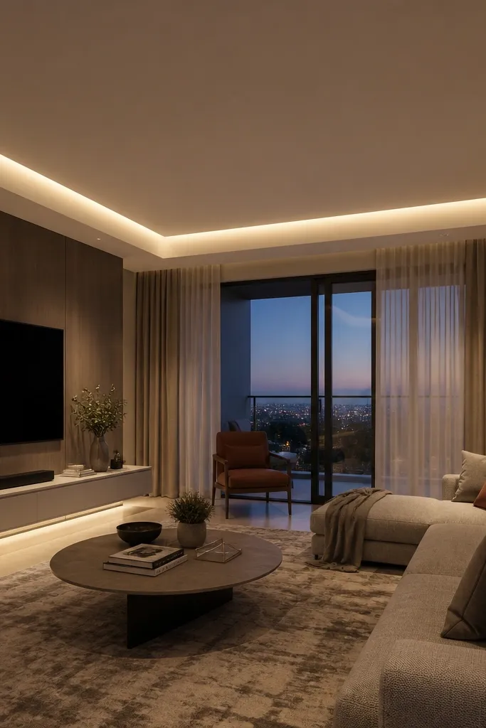 Recessed slot lights in a ceiling border with warm glow line