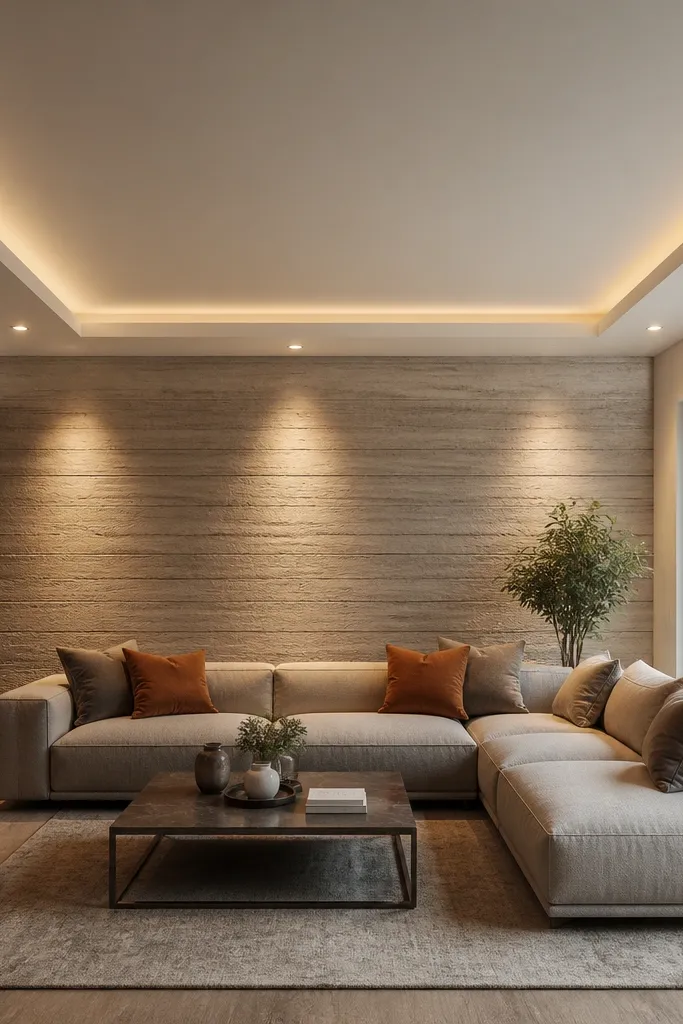 Slim coffered border with small warm recessed spotlights