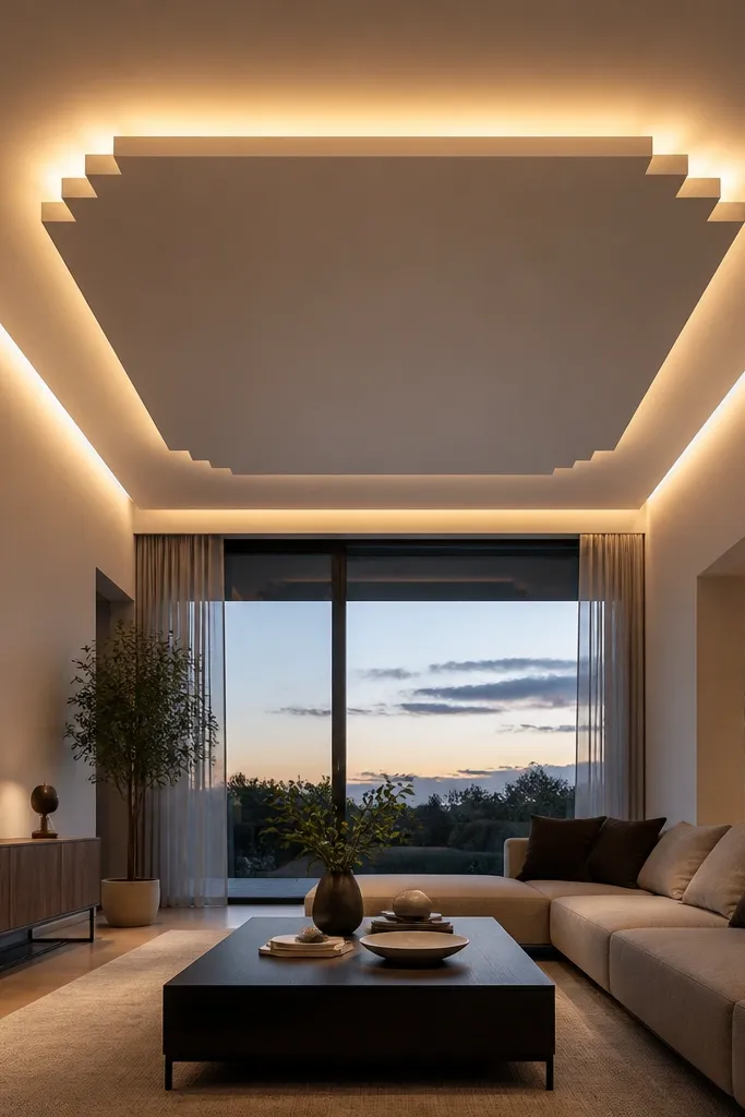 Minimal center square panel with warm LED glow steps in corners