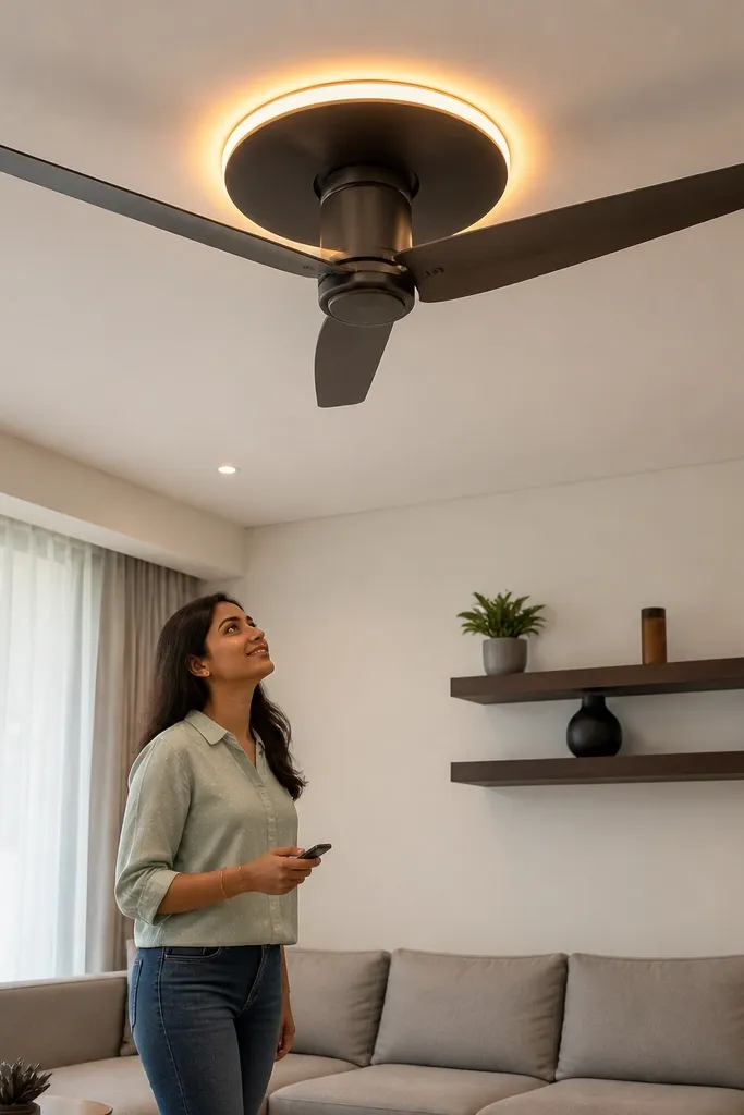 Ceiling fan area with a decorative LED halo ring on a false ceiling