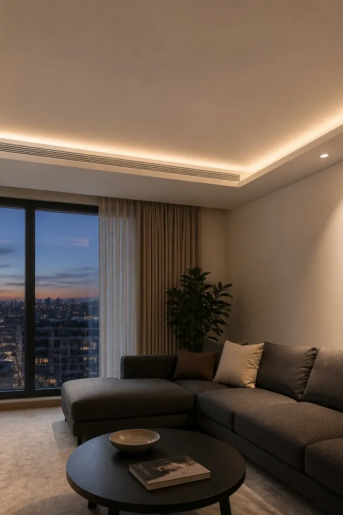 False ceiling border with a recessed vent line and warm LED glow